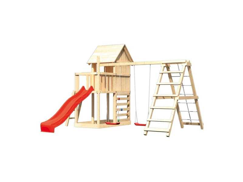 Karibu Stelzenhaus Frieda + Rutsche rot + Doppelschaukel inkl. Klettergerüst + Kletterwand