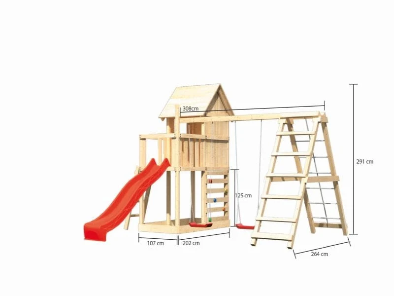 Karibu Stelzenhaus Frieda + Rutsche rot + Doppelschaukel inkl. Klettergerüst + Kletterwand