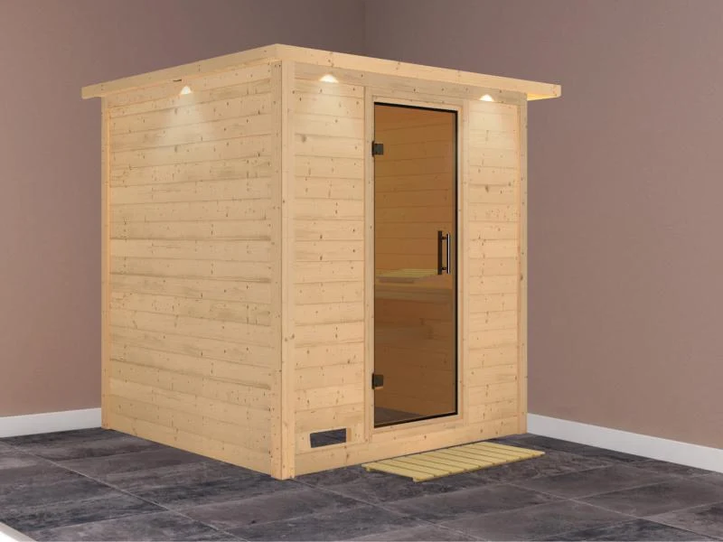 Karibu Sauna Mojave ohne Ofen, mit Dachkranz, mit moderner Saunatür