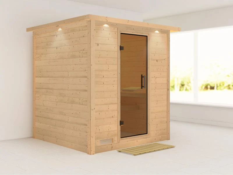 Karibu Sauna Mojave ohne Ofen, mit Dachkranz, mit moderner Saunatür
