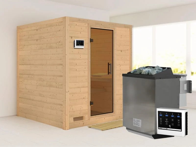 Karibu Sauna Mojave inkl. 9-kW-Bioofen mit externer Steuerung, ohne Dachkranz, mit moderner Saunatür