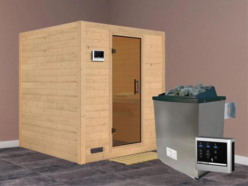 Karibu Sauna Mojave inkl. 9-kW-Ofen mit externer Steuerung, ohne Dachkranz, mit moderner Saunatür