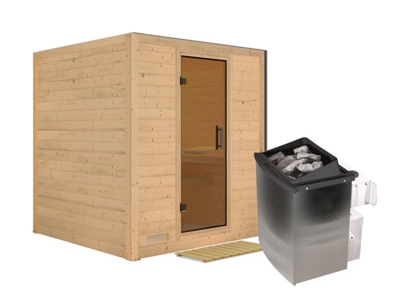 Karibu Sauna Mojave inkl. 9-kW-Ofen mit interner Steuerung, ohne Dachkranz, mit moderner Saunatür