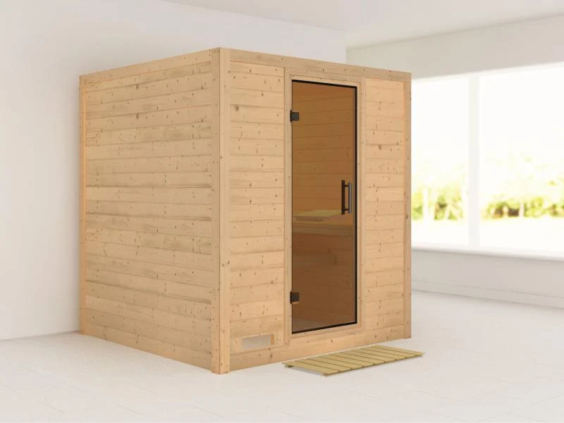 Karibu Sauna Mojave ohne Ofen, ohne Dachkranz, mit moderner Saunatür