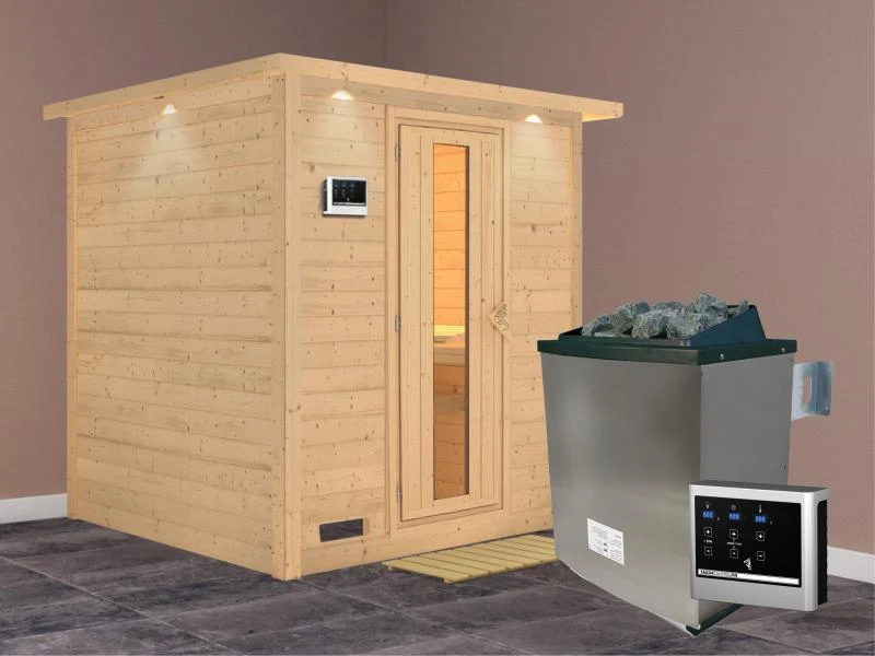 Karibu Sauna Mojave inkl. 9-kW-Ofen mit externer Steuerung, mit Dachkranz, mit energiesparender Saun