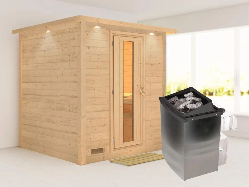 Karibu Sauna Mojave inkl. 9-kW-Ofen mit interner Steuerung, mit Dachkranz, mit energiesparender Saun