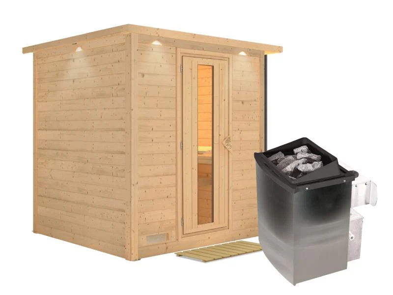 Karibu Sauna Mojave inkl. 9-kW-Ofen mit interner Steuerung, mit Dachkranz, mit energiesparender Saun