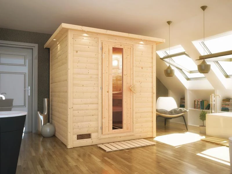 Karibu Sauna Mojave ohne Ofen, mit Dachkranz, mit energiesparender Saunatür
