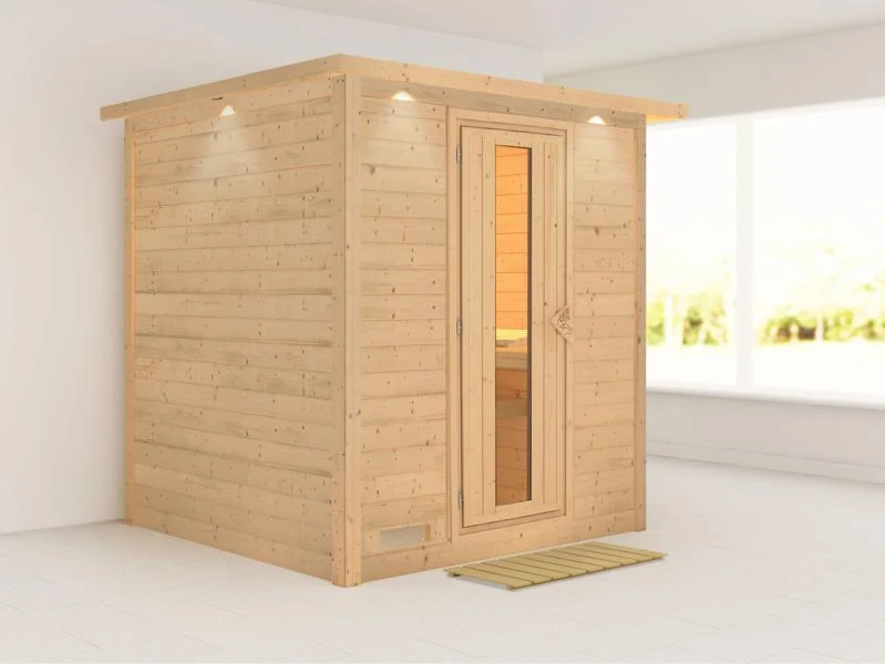 Karibu Sauna Mojave ohne Ofen, mit Dachkranz, mit energiesparender Saunatür