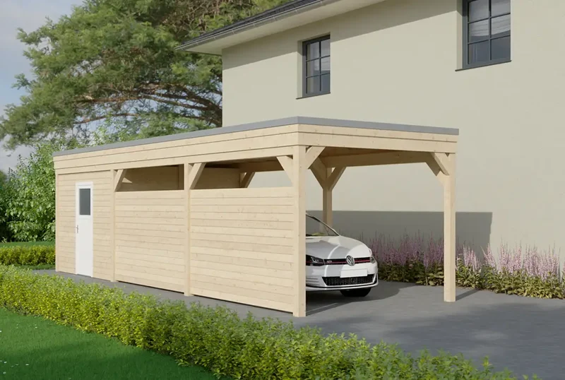 Flachdachcarport aus Holz 400x900cm mit Geräteraum und Seitenwand