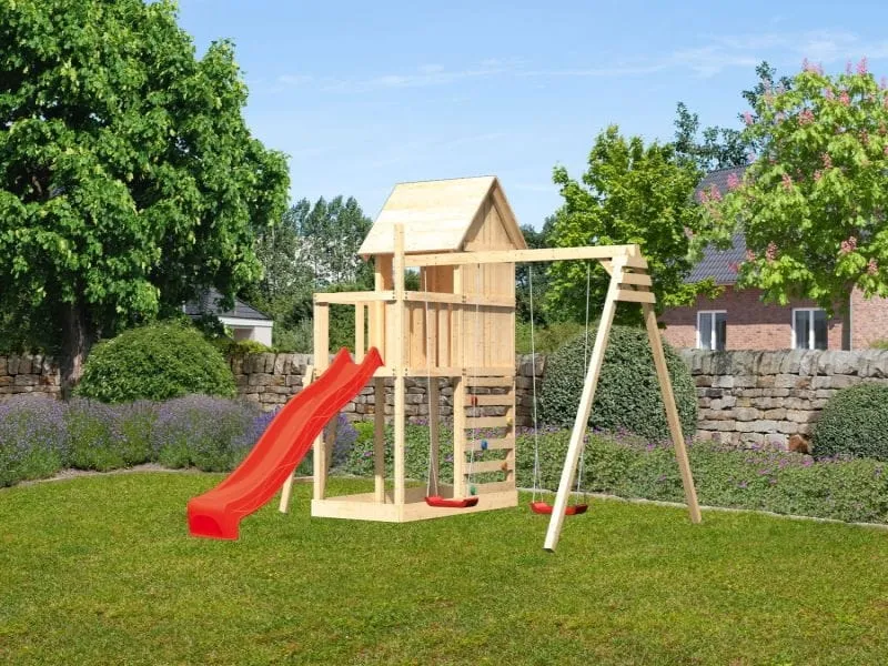 Karibu Stelzenhaus Frieda + Rutsche rot + Doppelschaukel + Kletterwand