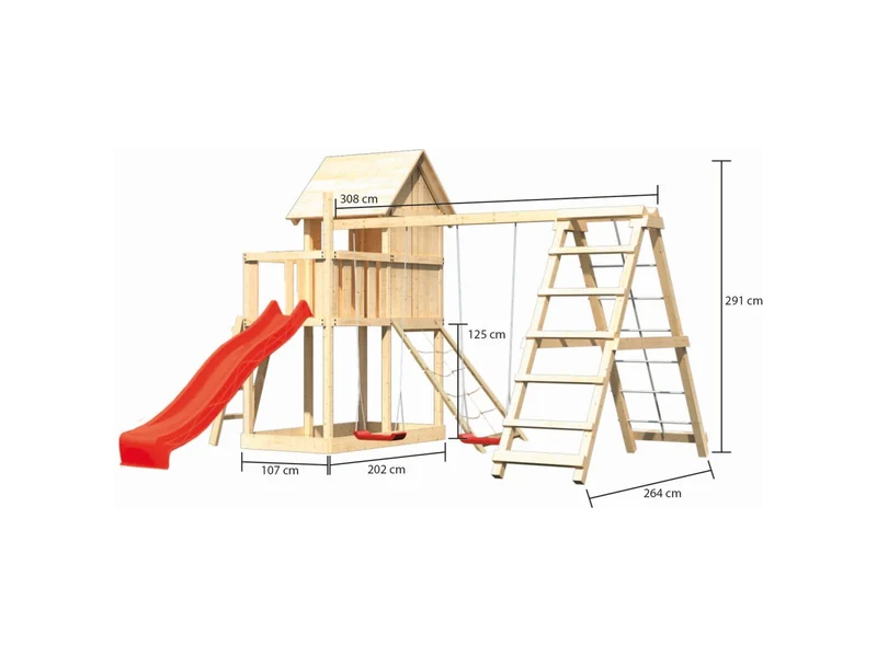 Karibu Stelzenhaus Frieda + Rutsche rot + Doppelschaukel mit Klettergerüst + Netzrampe