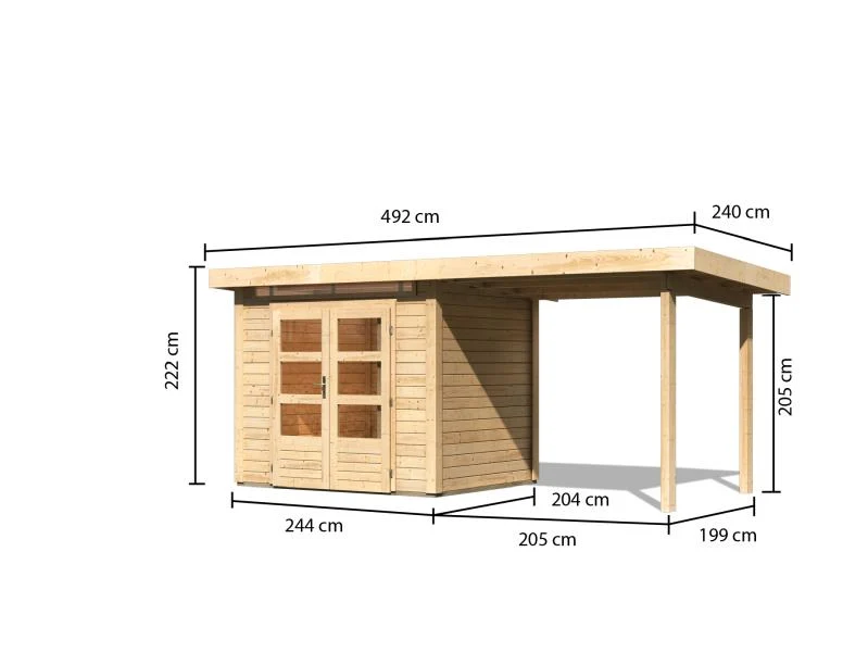 Karibu Gartenhaus Kandern 2 natur mit Anbaudach 2,35 m