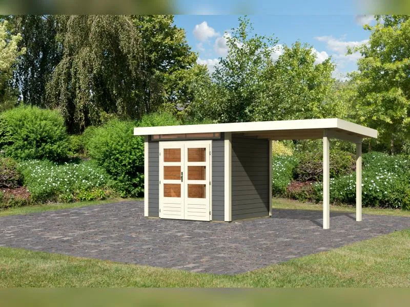 Karibu Gartenhaus Kandern 2 mit Anbaudach 2,35 m, terragrau