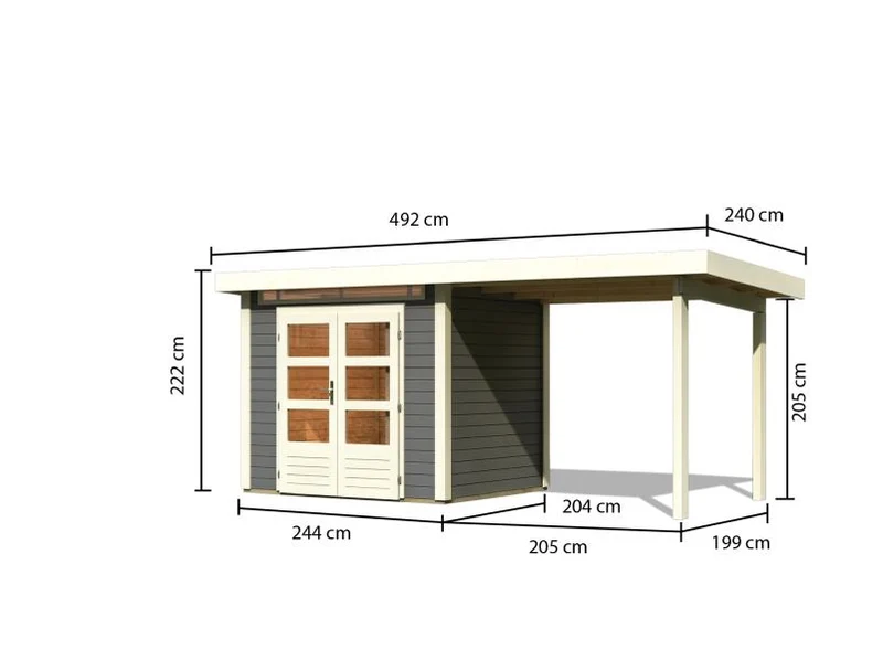 Karibu Gartenhaus Kandern 2 mit Anbaudach 2,35 m, terragrau