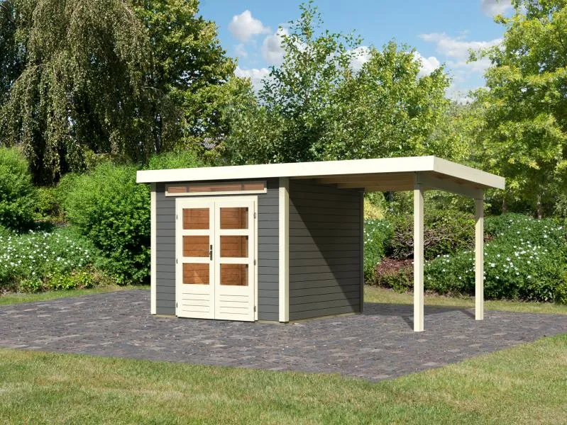 Karibu Gartenhaus Kandern 3 mit Anbaudach 2,35 m, terragrau