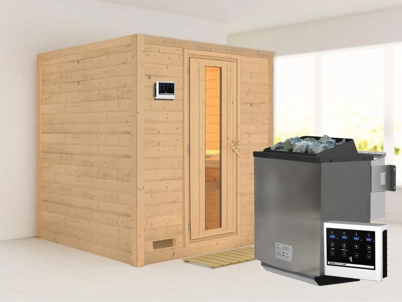 Karibu Sauna Mojave inkl. 9-kW-Bioofen mit externer Steuerung, ohne Dachkranz, mit energiesparender