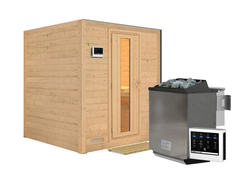 Karibu Sauna Mojave inkl. 9-kW-Bioofen mit externer Steuerung, ohne Dachkranz, mit energiesparender