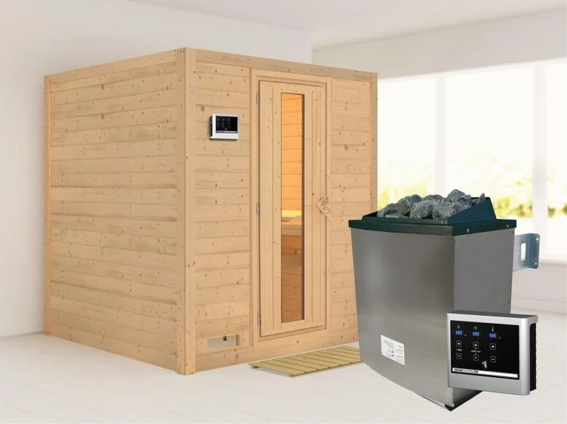 Karibu Sauna Mojave inkl. 9-kW-Ofen mit externer Steuerung, ohne Dachkranz, mit energiesparender Sau
