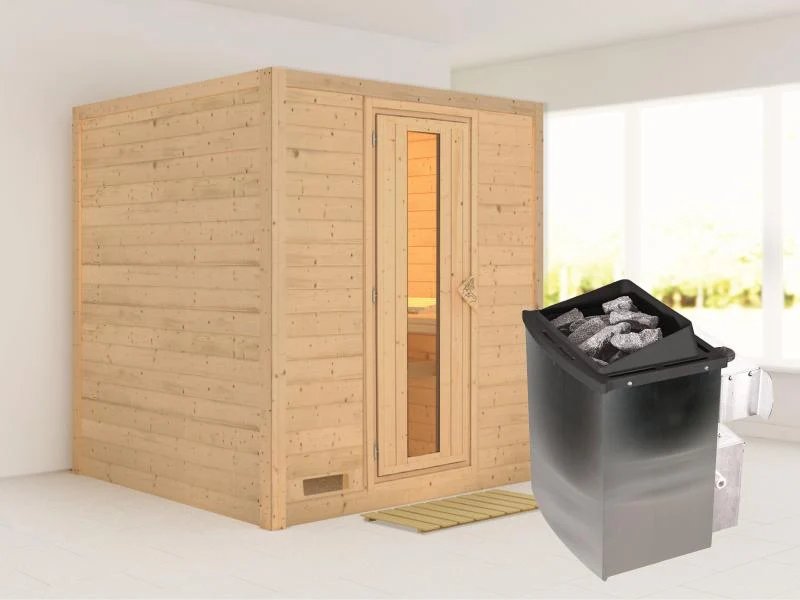 Karibu Sauna Mojave inkl. 9-kW-Ofen mit interner Steuerung, ohne Dachkranz, mit energiesparender Sau
