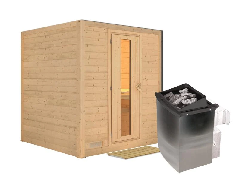 Karibu Sauna Mojave inkl. 9-kW-Ofen mit interner Steuerung, ohne Dachkranz, mit energiesparender Sau