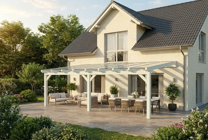Terrassenüberdachung Holz 500x500cm VSG weiß