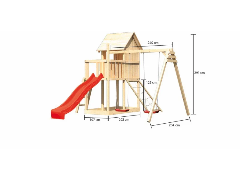 Karibu Stelzenhaus Frieda + Rutsche rot + Doppelschaukel + Netzrampe