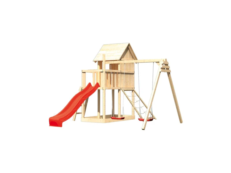 Karibu Stelzenhaus Frieda + Rutsche rot + Doppelschaukel + Netzrampe
