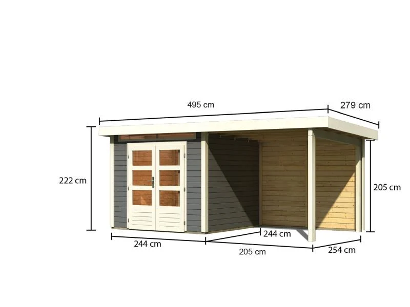 Karibu Gartenhaus Kandern 3 terragrau mit Anbaudach 2,35 m inkl. Rückwand