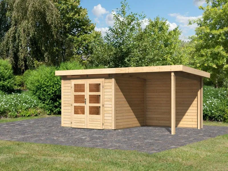 Karibu Gartenhaus Kandern 3 natur mit Anbaudach 2,35 m inkl. Rückwand