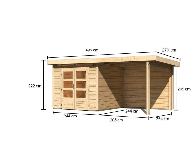 Karibu Gartenhaus Kandern 3 natur mit Anbaudach 2,35 m inkl. Rückwand