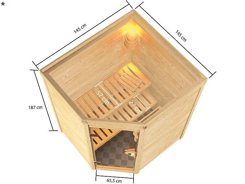 Karibu Sauna Antonia mit 3,6 kW Ofen integr. Strg ohne Dachkranz 38 mm