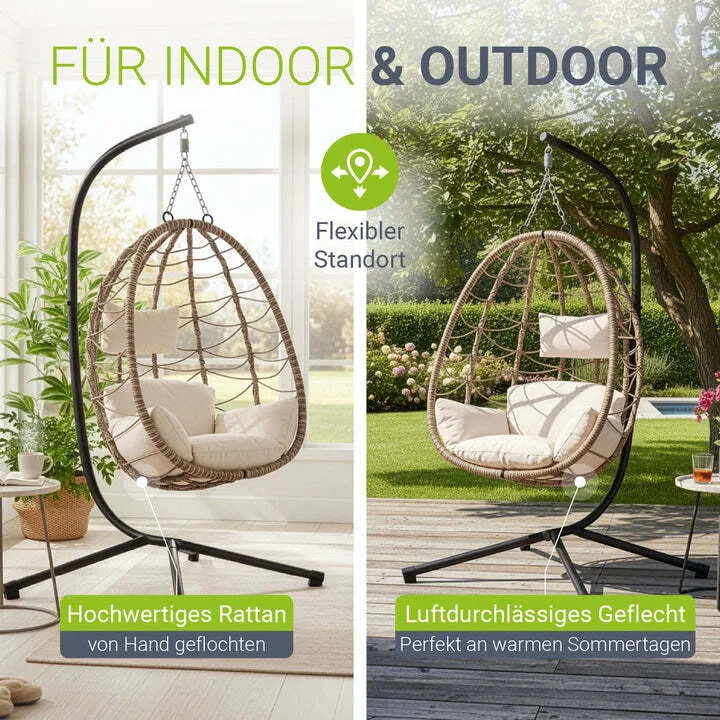 B-Ware Korbhängesessel Aria Hängesessel Relaxsessel mit Gestell Kissen Aufhängung Beige