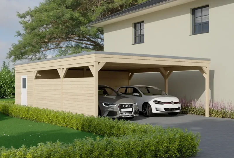 Flachdachcarport aus Holz 600x900cm mit Geräteraum und Seitenwand