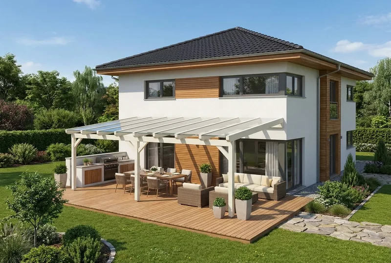 Terrassenüberdachung Holz 500x450cm VSG weiß