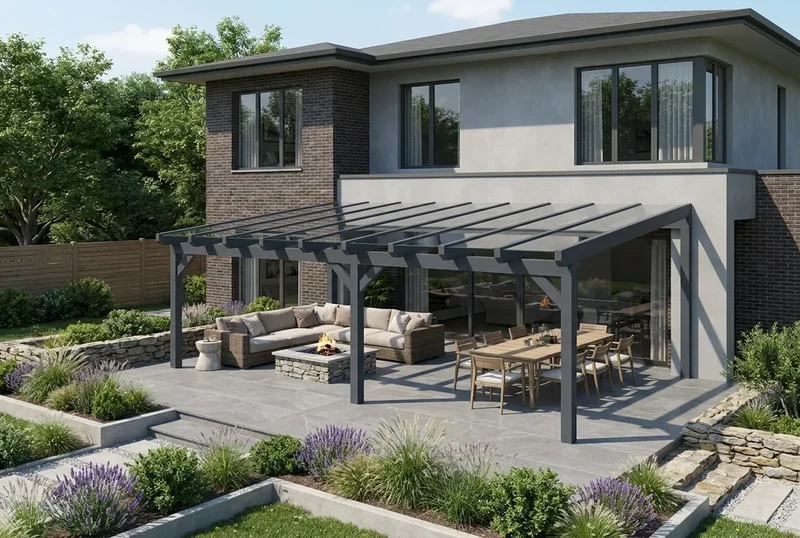 Terrassenüberdachung Holz 700x500cm VSG anthrazit