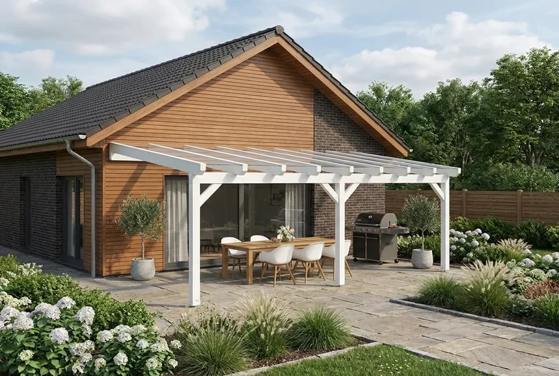 Terrassenüberdachung Holz 700x450cm VSG weiß