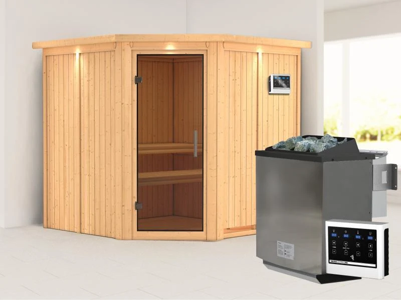 Karibu Sauna Jarin inkl. 9-kW-Bioofen mit externer Steuerung, mit Dachkranz, mit moderner Saunatür