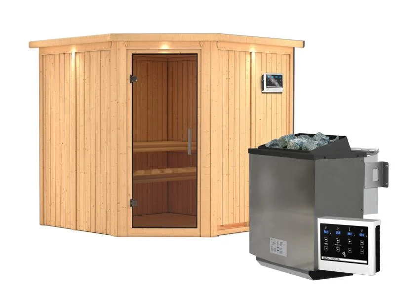 Karibu Sauna Jarin inkl. 9-kW-Bioofen mit externer Steuerung, mit Dachkranz, mit moderner Saunatür