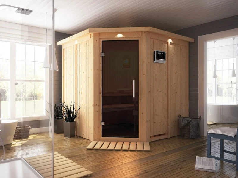 Karibu Sauna Jarin inkl. 9-kW-Bioofen mit externer Steuerung, mit Dachkranz, mit moderner Saunatür