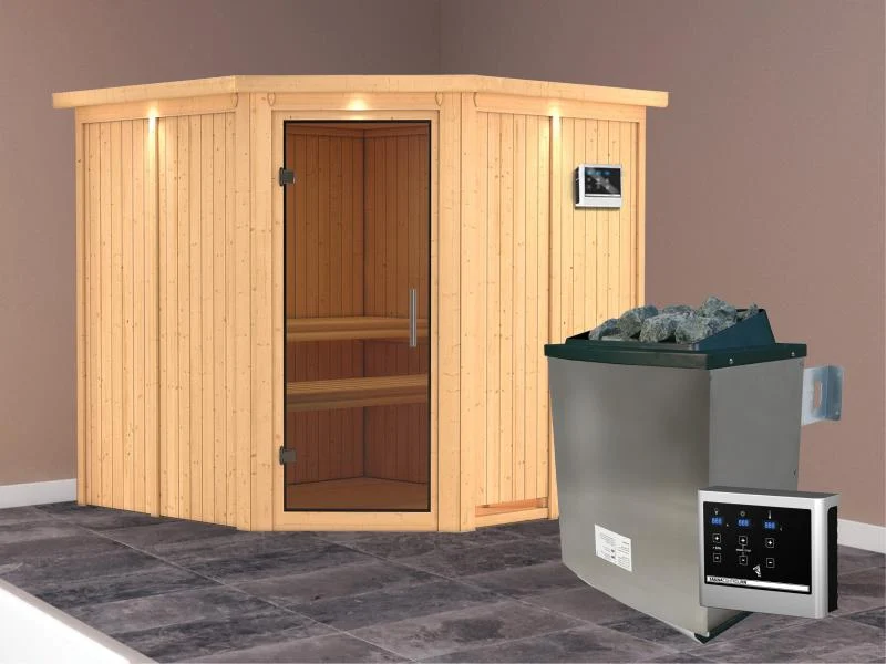 Karibu Sauna Jarin inkl. 9-kW-Ofen mit externer Steuerung, mit Dachkranz, mit moderner Saunatür