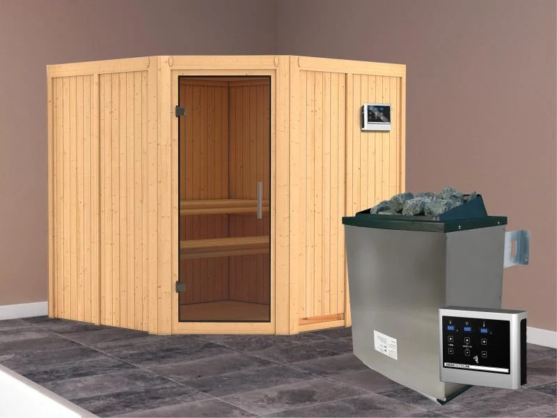 Karibu Sauna Jarin inkl. 9-kW-Ofen mit externer Steuerung, ohne Dachkranz, mit moderner Saunatür
