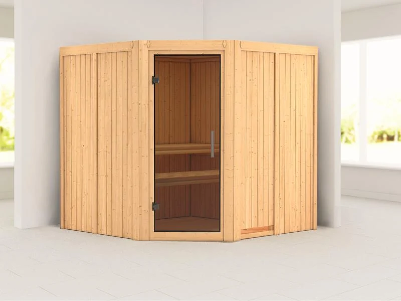 Karibu Sauna Jarin ohne Ofen, ohne Dachkranz, mit moderner Saunatür