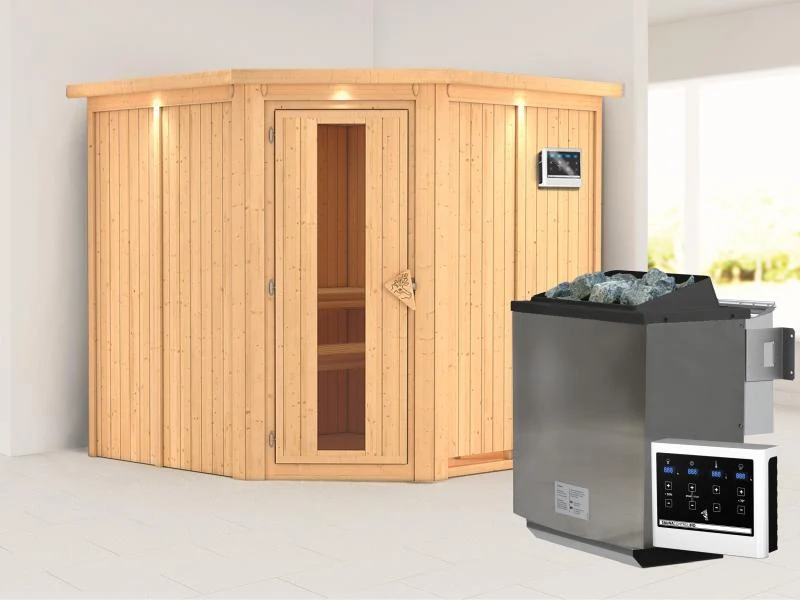 Karibu Sauna Jarin inkl. 9-kW-Bioofen mit externer Steuerung, mit Dachkranz, mit energiesparender Sa