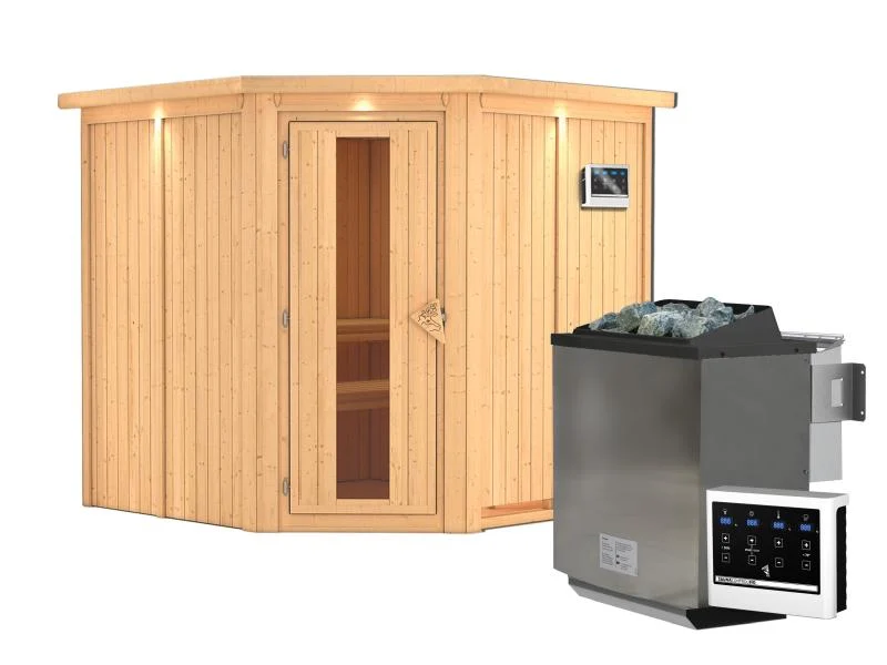 Karibu Sauna Jarin inkl. 9-kW-Bioofen mit externer Steuerung, mit Dachkranz, mit energiesparender Sa