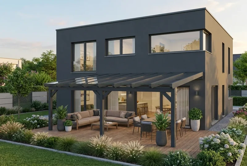 Terrassenüberdachung Holz 700x500cm VSG anthrazit