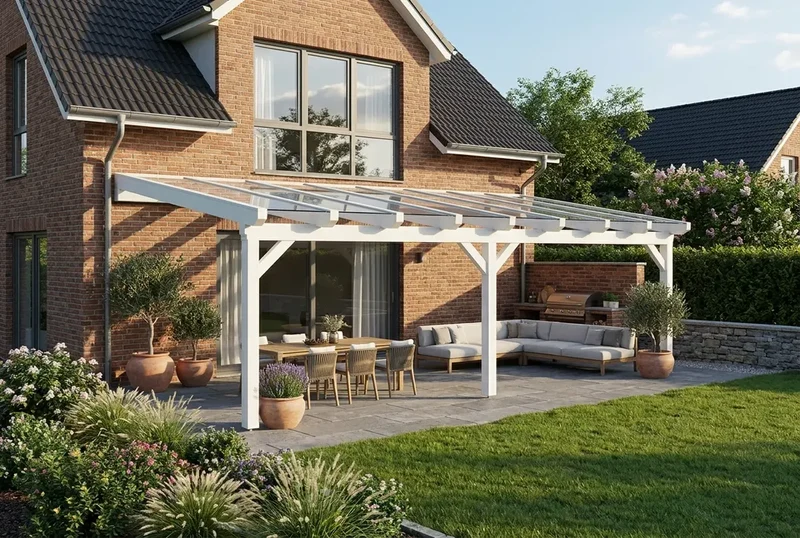 Terrassenüberdachung Holz 600x500cm VSG weiß