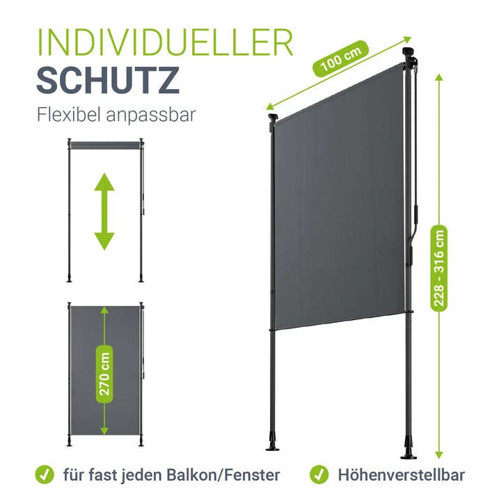2x B-Ware Senkrechtmarkise Barbados grau UV-beständig Sichtschutz ohne Bohren 100x310cm