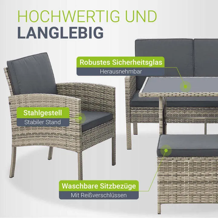 B-Ware Rattan Sitzgruppe Turin Polyrattan Gartenmöbel Set für 7 Personen mit Kissen