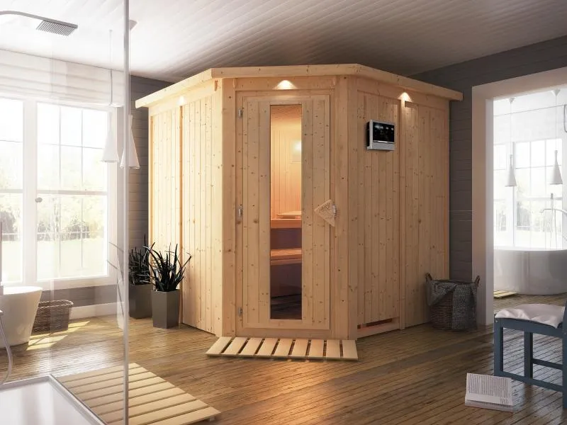 Karibu Sauna Jarin inkl. 9-kW-Ofen mit externer Steuerung, mit Dachkranz, mit energiesparender Sauna
